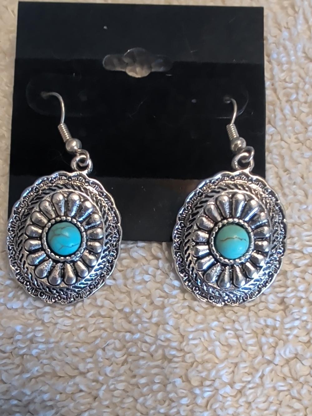 Turquoise Center Silver Floral Drop Earrings - Women Jewelry
